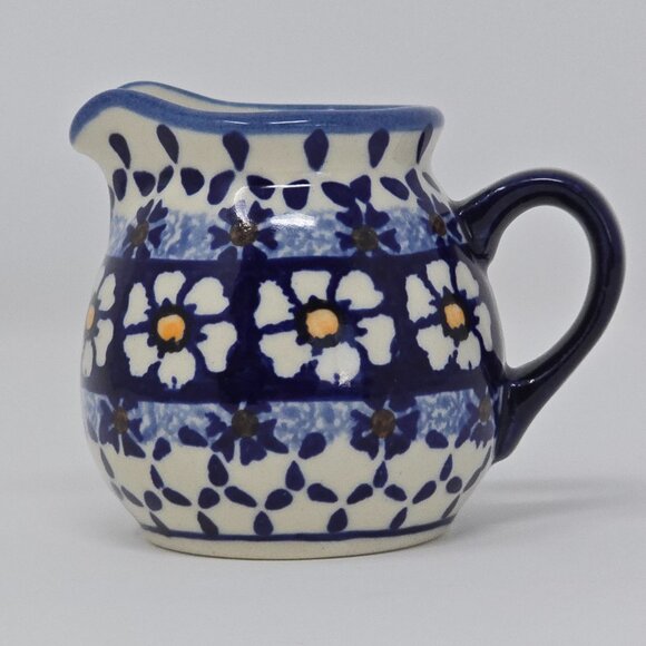 Ceramika Wiza Polish Pottery Hand Made Creamer Mini Pitcher Blue Floral - Picture 2 of 10